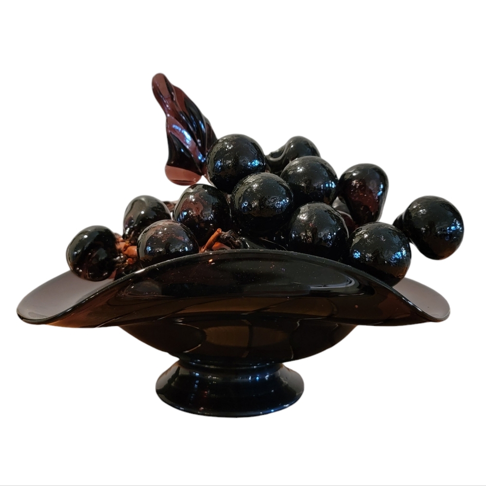 Amethyst Hand Blown Glass Bowl with Amethyst Glass Grape Clusters MCM